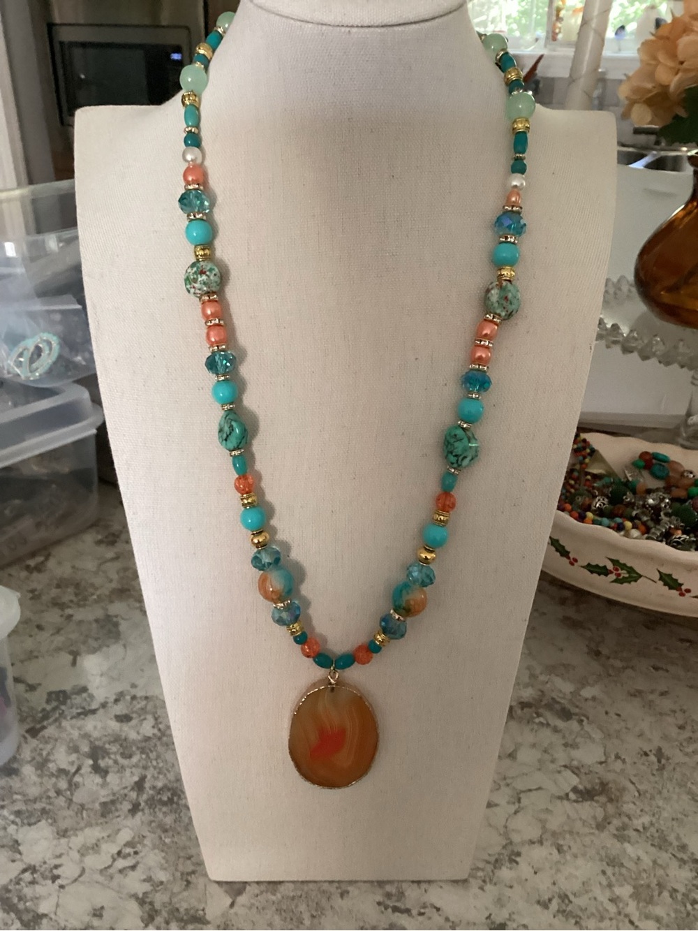 Artisan long beaded necklace with a banded agate orange pendant - Picture 12 of 12